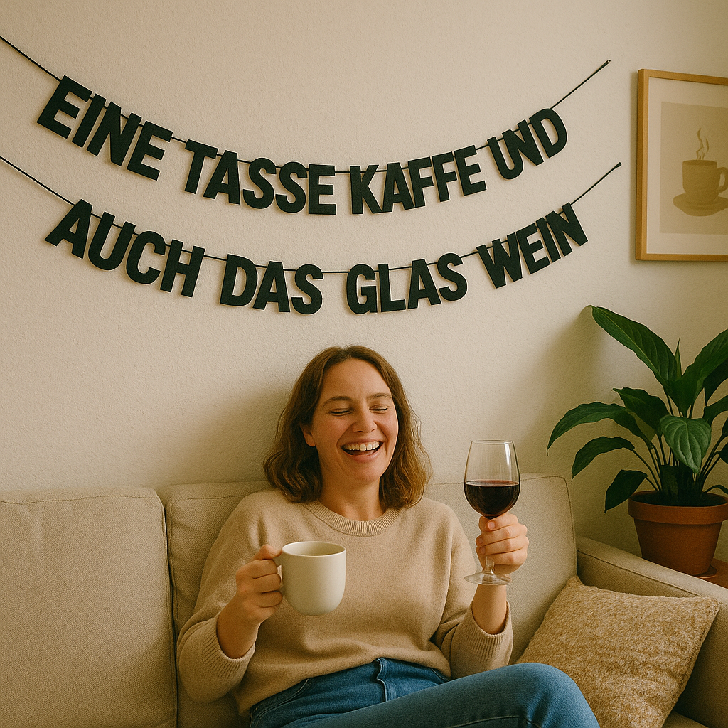 EINE TASSE KAFFEE UND AUCH DAS GLAS WEIN